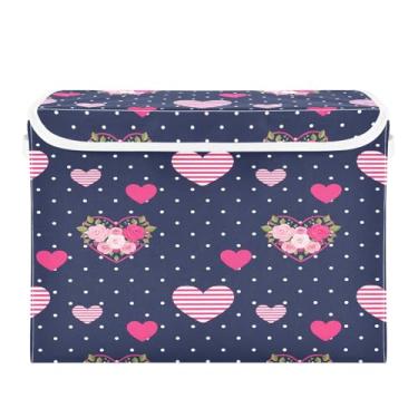 Imagem de Wassud Cestos de armazenamento dobráveis com tampas, listras, corações, azul marinho, cestas organizadoras de tecido dobrável para armário, decoração sazonal de casa 40 x 30 x 30 cm