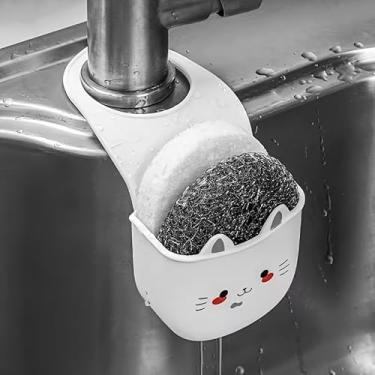 Imagem de Lindo suporte de esponja de silicone para gatos, alça de ombro ajustável, organizador de drenagem para pia de cozinha