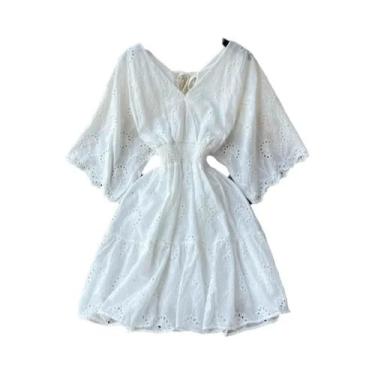 Imagem de Vestido Midi Vintage Feminino Com Bordado Em Renda Decote Em V Branco 