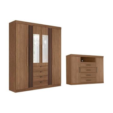 Imagem de Guarda Roupa e Cômoda Casal Kit 2 Peças QC319 4 Portas de Bater 4 Gavetas MDP com Espel...