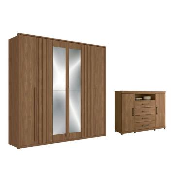 Imagem de Guarda Roupa Casal com Cômoda QC392 6 Portas de Bater 4 Gavetas MDP com Espelho Jatobá