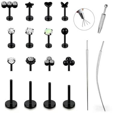 Imagem de 15 peças 20G/18G/16G Flat Back Push in Stud Brincos 316L Aço Inoxidável Cirúrgico Anéis de nariz sem rosca Medusa Piercing Joia Hipoalergênico Labret Studs Anéis labiais anel para mulheres homens