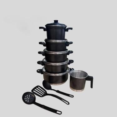 Imagem de Jogo de Panelas com Leiteira + Jogo de Talheres Resistente - 5 Peças Completas, Prático para Cozinhas Domésticas e Preparos Diários (Craqueado)