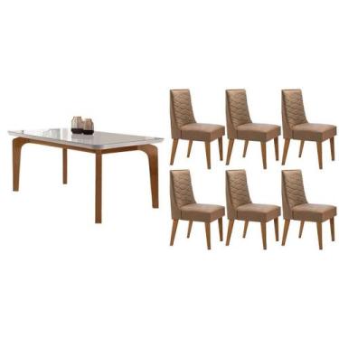 Imagem de Sala Jantar Mesa Londrina Tampo c/ Vidro Curvo 180cm+6 Cadeiras Dafne 