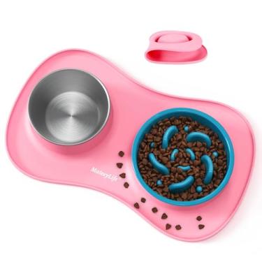 Imagem de MateeyLife Conjunto 3 em 1 de tigela de comida e água para cães, tigela de alimentação lenta para cães e tigela de água de aço inoxidável com tapete de silicone que não derrama, tigelas para gatos e