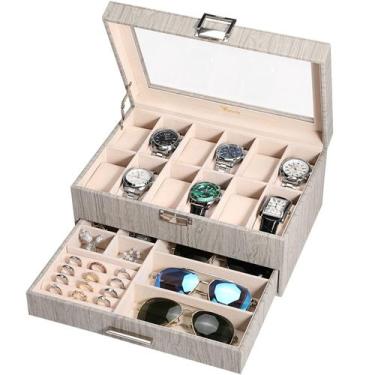 Imagem de Relógio Caixa de joias Voova 12 slots em couro cinza 31x21x14 cm