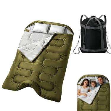 Imagem de Saco de dormir duplo para 2 adultos, conversível para 2 sacos individuais, saco de acampamento impermeável 3 em 1 com travesseiros, lavável na máquina, 3 kg, leve, 159 x 203 centímetros (verde)