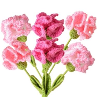 Imagem de Xuoxeji 6 peças de flores de cravo de crochê feitas à mão, buquê de tecido artificial para decoração de mesa de casamento em casa, presente de hastes dobráveis para mãe, professora – Presente