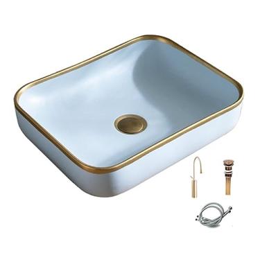 Imagem de Pia de vaso de cerâmica com torneira e escorredor - Pia de porcelana moderna para banheiro pequeno, acima da tigela de arte para lavatório