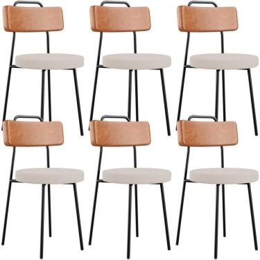 Imagem de Kit 06 Cadeiras Decorativas Estofada Sala Jantar Barcelona L02 Couríssimo Camel Linho Bege - Lyam