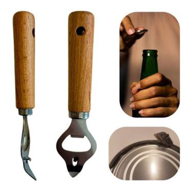 Imagem de Abridor de Garrafa e Lata em Aço Inox e Cabo de Bambu Luxo Para Bar Be