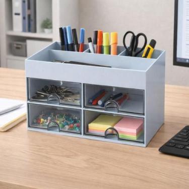 Imagem de Organizador de mesa Multiuso 4 Gavetas porta canetas Azul - Morganitte