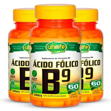 Imagem de Kit 3 Vitamina B9 Ácido Fólico 60 Cápsulas Unilife