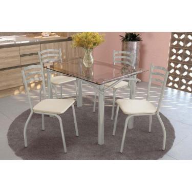 Imagem de Conjunto: Mesa Sala Jantar Elba C- Tampo De Vidro 120cm E 4 Cadeiras Portugal Niquel - Courano Bege - Kappesberg