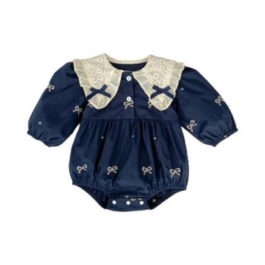 Imagem de Macacão De Algodão Para Bebê Menina Recém-Nascida Com Renda, Laço E Bo