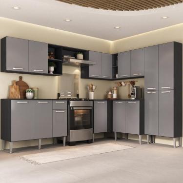 Imagem de Armário Cozinha Modulada Completa De Canto 432,5cm Pequim Pop Multimóveis Mp3773 Preto-lacca Fumê