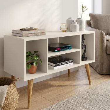 Imagem de Rack Retrô Off White Para Tv Home Estante 4 Nichos Pés Madeira