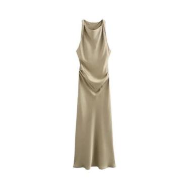 Imagem de Vestido Midi Bodycon Elegante De Cetim Sem Mangas Com Decote Drapeado 