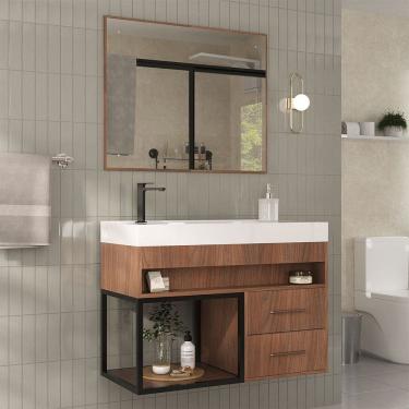 Imagem de Armário de Banheiro New 80 Cm 2 Gavetas 100% Mdf com Espelho Noce - Belizze Móveis