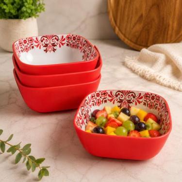 Imagem de Kit 4 Tigelas Decorada Bowl 700ml Estampada Quadrada Frutas Salada Sob
