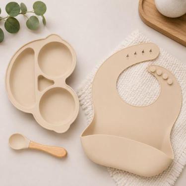 Imagem de Kit Alimentação Bebê Silicone 3 Peças Prato Babador BPA Free - Era Uma