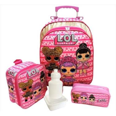 Imagem de Kit Mochila Infantil Lol Rosa Escolar Brilhos Rodinhas G F5