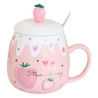 Imagem de seelucky Caneca de balão de ar quente com tampa colher criança caneca de leite dos desenhos animados caneca 3D xícara de café cerâmica xícara de chá presente de aniversário escritório casa (coração rosa morango, 480 ml)