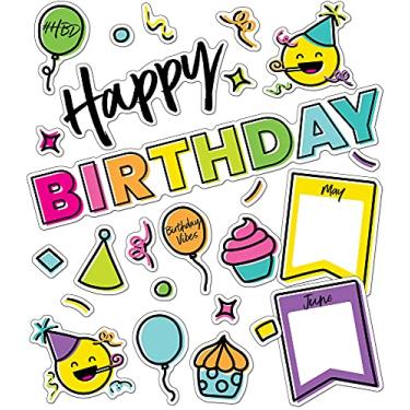 Imagem de Carson Dellosa Kind Vibes conjunto de mini quadro de avisos de aniversário — cabeçalho de feliz aniversário, galhardetes mensais, balões, cupcakes, confetes, rostos de festa, recortes de chapéu de aniversário (56 peças)