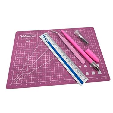 Imagem de Kit Base De Corte A5 Régua Metal 15cm Estilete + Pinça