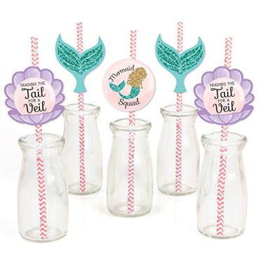 Imagem de Trading The Tail for A Veil - Decoração de palha de papel - Canudos decorativos listrados de festa de despedida de solteira de sereia ou chá de panela - Conjunto de 24