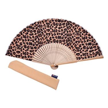 Imagem de (Leopard) - Hand Fan Bamboo Leopard Printed Folding Fan Cotton For Party Wedding Gift with Fan Cover
