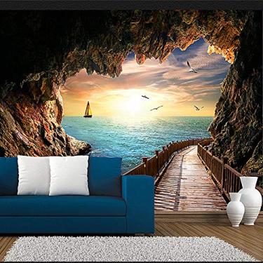 Imagem de Papel de parede com foto personalizada lindo pôr do sol caverna à beira-mar paisagem mural de parede 3D sala de estar sala de jantar moderno papéis de parede criativos 430 cm (L)×300 cm (A)