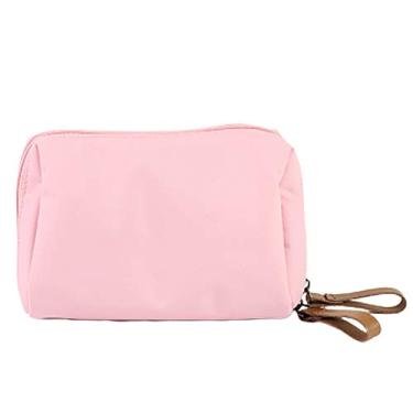 Imagem de Grey990 Bolsa de maquiagem feminina portátil, à prova d'água, cor lisa, com zíper, bolsa de armazenamento, Bege rosa,