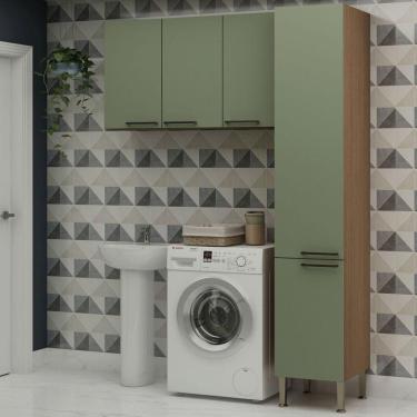 Imagem de Conjunto para Área de Serviço com Armário 2 Portas e Armário Aéreo Washhouse Ébano/Verde Alecrim