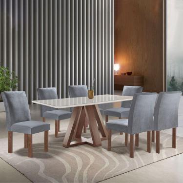 Imagem de Mesa de Jantar 6 Lugares Kyra/Canela com Vidro Chocolate/Off White/Suede Cinza - Cel Móveis