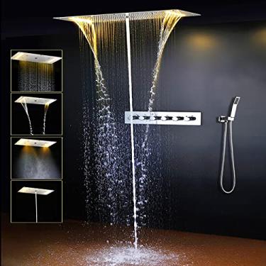 Imagem de Cascada luxuoso sistema de chuveiro de LED embutido de 38 cm x 71 cm com 6 botões de válvula termostática, 5 funções de modo (chuva, cachoeira, névoa de spa, coluna e chuveiro de mão (aço inoxidável polido)