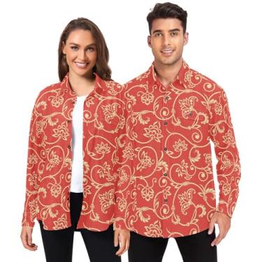 Imagem de GuoChe Camisetas masculinas de manga comprida havaiana tropical roxo para o dia dos namorados casual para mulheres roupas com bolsos, Estampa vintage, dourado, vermelho, XXG