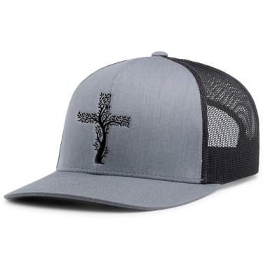 Imagem de Boné masculino cristão árvore cruz bordado malha traseira Trucker Hat, Cinza mesclado/preto, Tamanho �nica