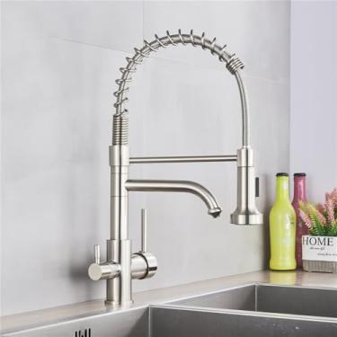 Imagem de Torneira de cozinha com filtro de água pura escovada, alça dupla, água potável quente e fria, misturador de cozinha, purificação de guindaste, níquel escovado