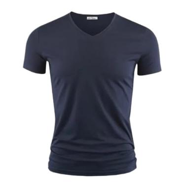 Imagem de Camiseta masculina cor pura gola V e O manga curta camisetas masculinas fitness para roupas masculinas 1, Decote em V azul marinho, XXG