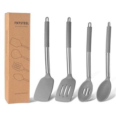 Imagem de FXFSTEEL Conjunto de 4 peças de espátulas de silicone e colheres de cozinha, sem BPA, antiaderentes, resistentes ao calor, versáteis utensílios de cozinha de silicone para fritar, misturar, servir,