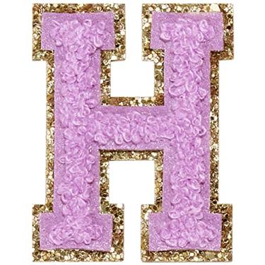 Imagem de 3 Pçs Chenille Letter Patches Ferro em Patches Glitter Varsity Letter Patches Bordado Bordado Borda Dourada Costurar em Patches para Vestuário Chapéu Camisa Bolsa (Roxo, H)