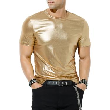Imagem de Casey Kevin Camisetas masculinas metálicas para discoteca dos anos 70 para homens, holográficas, manga curta, brilhantes, Dourado, P