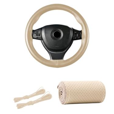 Imagem de Kewucn Capa de volante de couro genuíno, protetor universal de volante de carro de 15 polegadas com linha de agulha, capa de volante antiderrapante respirável DIY Stitch on Wrap (bege, furo completo)