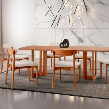 Imagem de Conjunto de Mesa de Jantar Retangular com Tampo Madeira Talia e 6 Cadeiras Italia Linho Bege e Imbuia