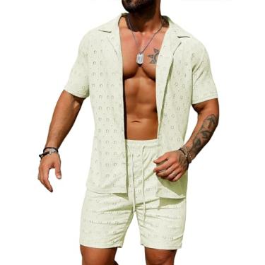 Imagem de URRU Conjunto masculino de 2 peças de verão para praia, transparente, manga curta, floral, renda, conjunto de camisetas e shorts, Bege, G