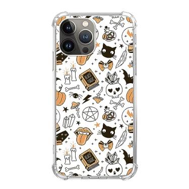Imagem de Yawheg Capa de telefone com estampa de gato de caveira de Halloween para iPhone 14 Pro Max, capa fofa de elementos de Halloween para adolescentes mulheres e homens, capa de borracha TPU flexível e