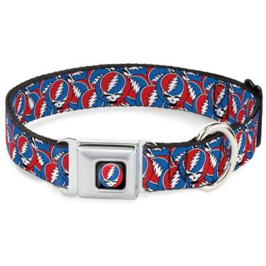 Imagem de Coleira para cachorro com fivela de metal ajustável fácil Grateful Dead de liberação rápida, logotipo Steal Your Face empilhado vermelho branco azul, 28 a 40 cm de largura
