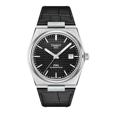 Imagem de Tissot Relógio automático masculino PRX Powermatic 80 316L caixa de aço inoxidável, preto, couro, 12 (T1374071605100), Preto, Relógio automático