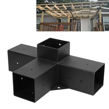 Imagem de Suporte de Pérgula Galvanizado Resistente, Suporte de Poste de Madeira de Estrutura Estável, pó Preto Revestido para Decks de Madeira, Parques, Restaurantes (4 vias)